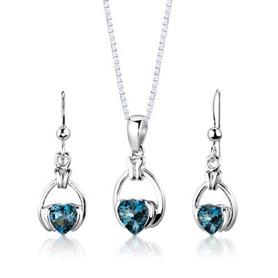 London Blue Topaz Pendant Earrings Set Sterling Silver Heart