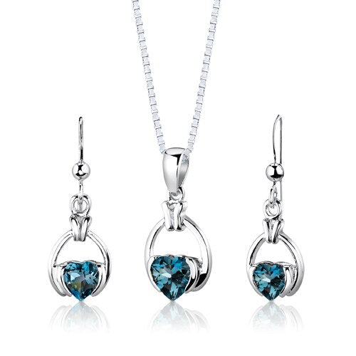 London Blue Topaz Pendant Earrings Set Sterling Silver Heart