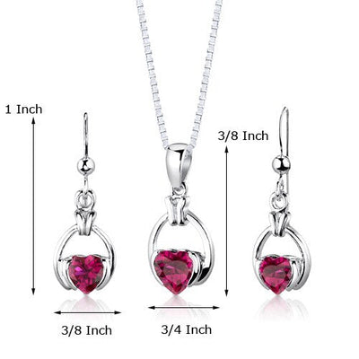 Ruby Pendant Earrings Set Sterling Silver Heart Shape 2.25 cts