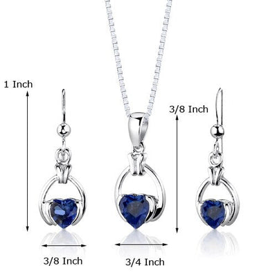 Blue Sapphire Pendant Earrings Set Sterling Silver Heart