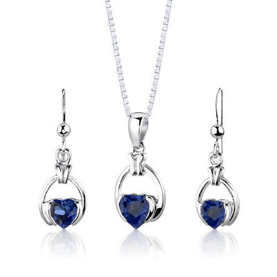 Blue Sapphire Pendant Earrings Set Sterling Silver Heart