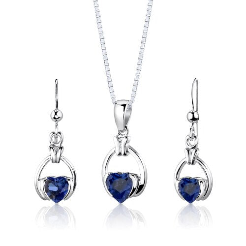 Blue Sapphire Pendant Earrings Set Sterling Silver Heart