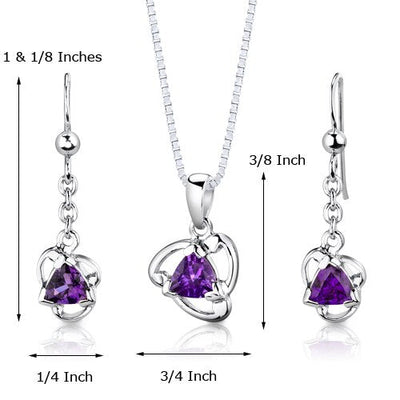 Amethyst Pendant Earrings Set Sterling Silver Trillion 1.5 cts