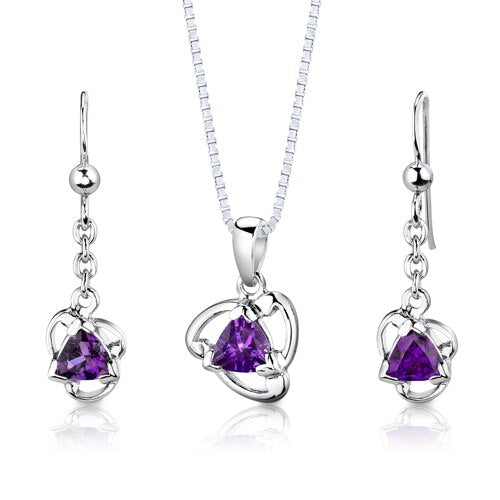 Amethyst Pendant Earrings Set Sterling Silver Trillion 1.5 cts