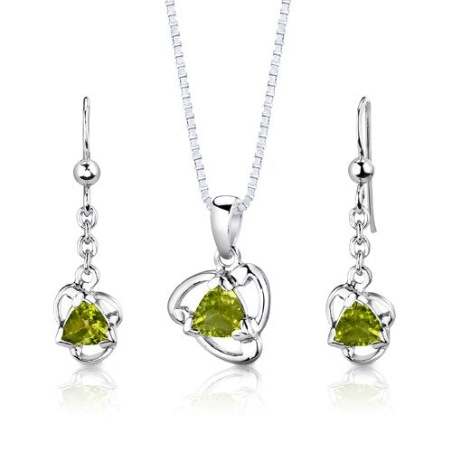 Peridot Pendant Earrings Set Sterling Silver Trillion 2.5 cts