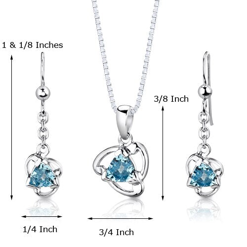 Swiss Blue Topaz Pendant Earrings Set Sterling Silver Trillion