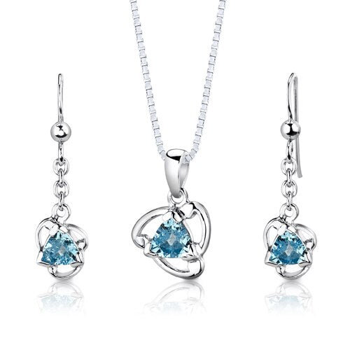 Swiss Blue Topaz Pendant Earrings Set Sterling Silver Trillion