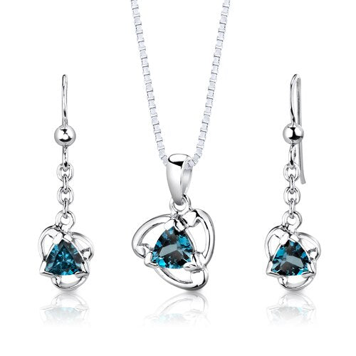 London Blue Topaz Pendant Earrings Set Sterling Silver Trillion