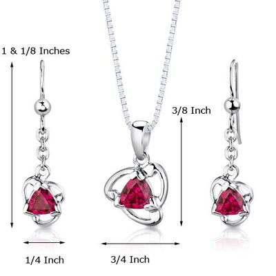 Ruby Pendant Earrings Set Sterling Silver Trillion 2.75 Carats