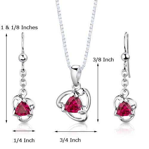 Ruby Pendant Earrings Set Sterling Silver Trillion 2.75 Carats