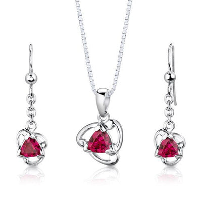 Ruby Pendant Earrings Set Sterling Silver Trillion 2.75 Carats