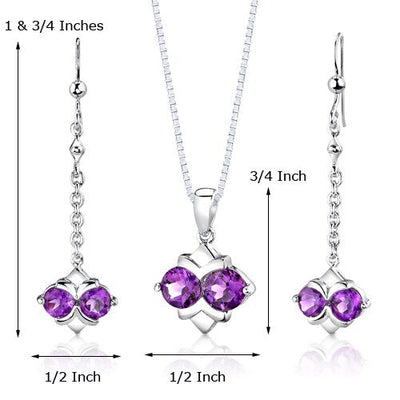 Amethyst Pendant Earrings Set Sterling Silver Round 3.25 Carats SS2986