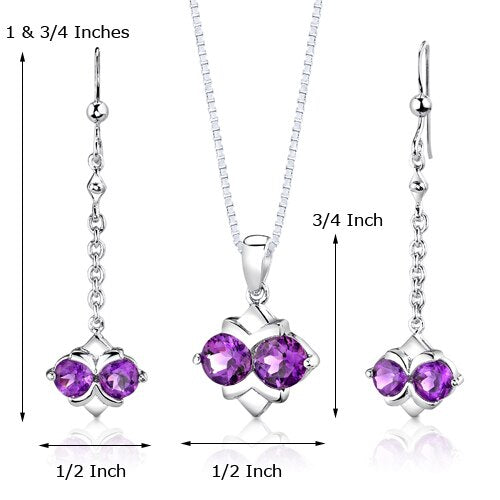 Amethyst Pendant Earrings Set Sterling Silver Round 3.25 Carats SS2986