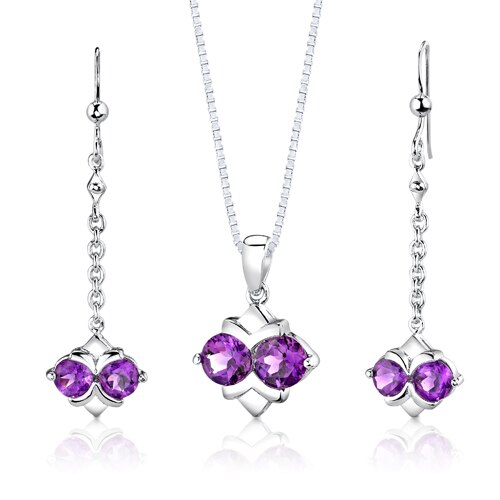 Amethyst Pendant Earrings Set Sterling Silver Round 3.25 Carats SS2986