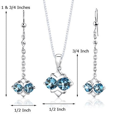 Swiss Blue Topaz Pendant Earrings Set Sterling Silver Round