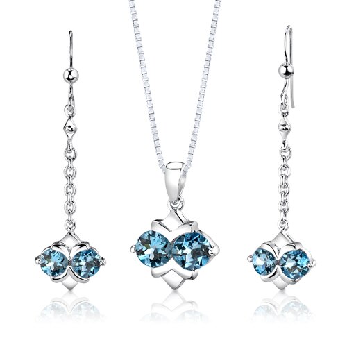 Swiss Blue Topaz Pendant Earrings Set Sterling Silver Round