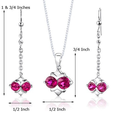 Ruby Pendant Earrings Set Sterling Silver Round Shape 4 Carats