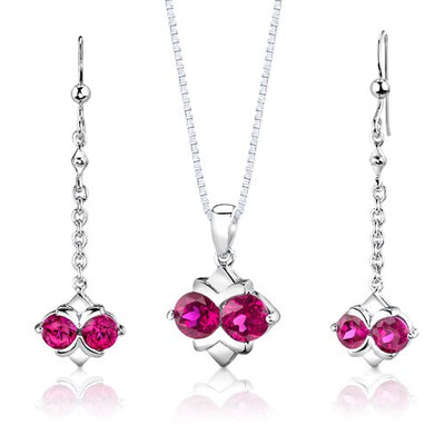 Ruby Pendant Earrings Set Sterling Silver Round Shape 4 Carats