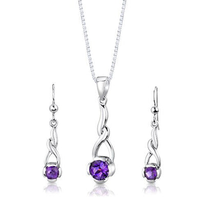 Amethyst Pendant Earrings Set Sterling Silver Round 1.75 Carats