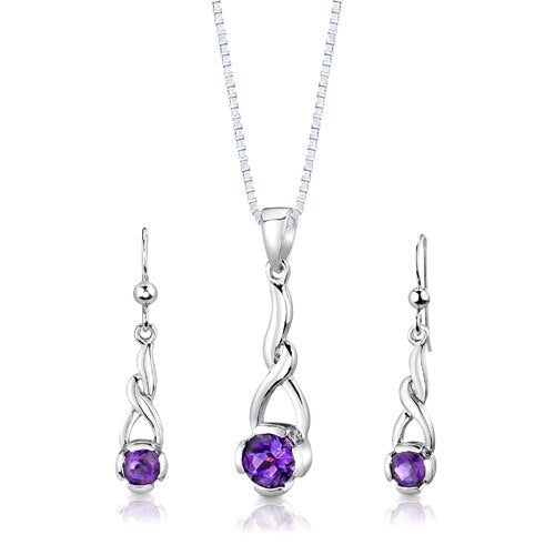 Amethyst Pendant Earrings Set Sterling Silver Round 1.75 Carats