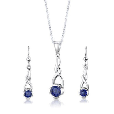 Blue Sapphire Pendant Earrings Set Sterling Silver Round