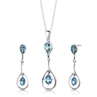 Swiss Blue Topaz Pendant Earrings Set Sterling Silver Oval