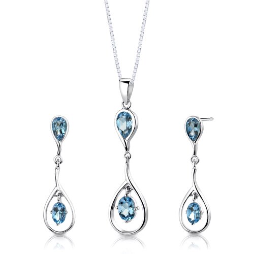 Swiss Blue Topaz Pendant Earrings Set Sterling Silver Oval