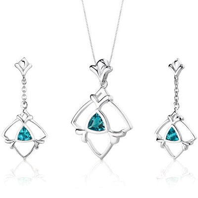 Swiss Blue Topaz Pendant Earrings Set Sterling Silver Trillion