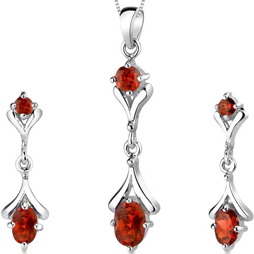 Garnet Pendant Earrings Set Sterling Silver Oval Shape 2.75 cts