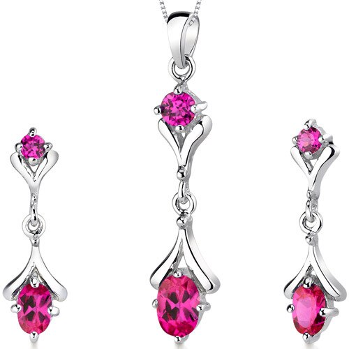 Ruby Pendant Earrings Set Sterling Silver Round Shape 2.75 cts