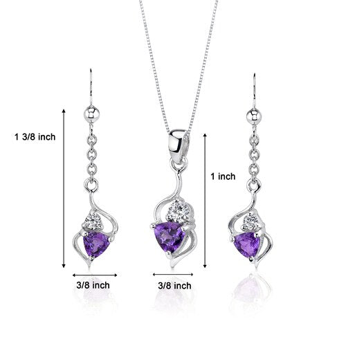 Amethyst Pendant Earrings Set Sterling Silver Trillion 1.5 cts