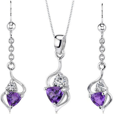 Amethyst Pendant Earrings Set Sterling Silver Trillion 1.5 cts