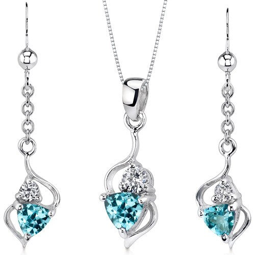 Swiss Blue Topaz Pendant Earrings Set Sterling Silver Trillion