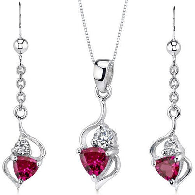 Ruby Pendant Earrings Set Sterling Silver Trillion 2.25 Carats