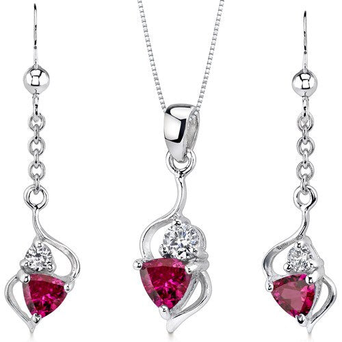 Ruby Pendant Earrings Set Sterling Silver Trillion 2.25 Carats