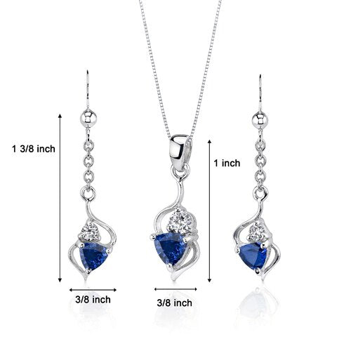 Blue Sapphire Pendant Earrings Set Sterling Silver Trillion