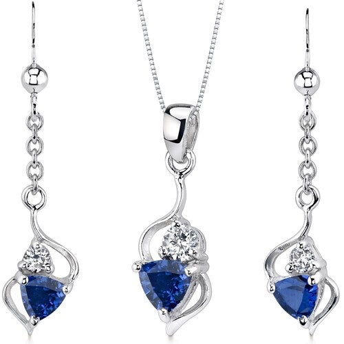 Blue Sapphire Pendant Earrings Set Sterling Silver Trillion