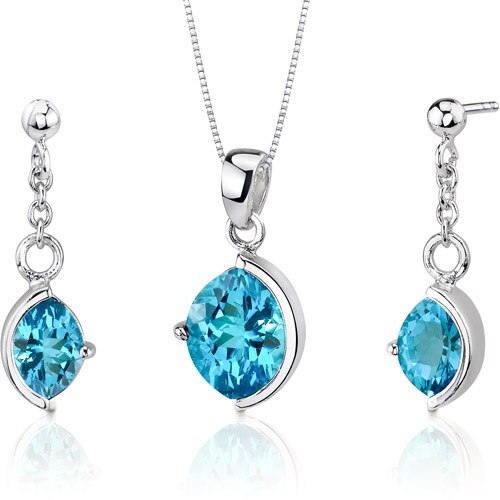 Swiss Blue Topaz Pendant Earrings Set Sterling Silver Marquise