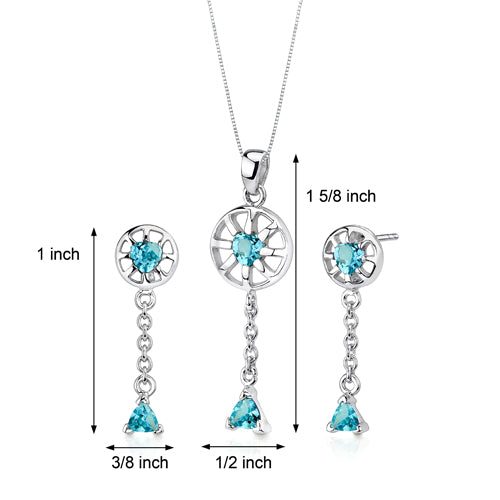 Swiss Blue Topaz Pendant Earrings Set Sterling Silver