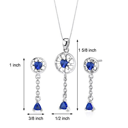 Blue Sapphire Pendant Earrings Set Sterling Silver Heart Shape 2.50 carats