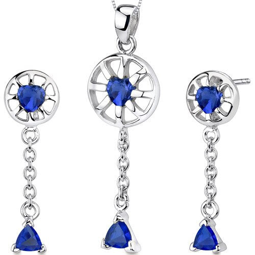 Blue Sapphire Pendant Earrings Set Sterling Silver Heart Shape 2.50 carats