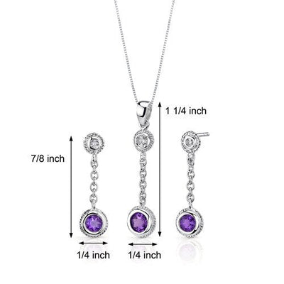 Amethyst Pendant Earrings Set Sterling Silver Round Shape 1 cts