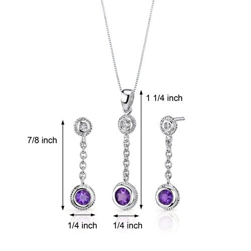 Amethyst Pendant Earrings Set Sterling Silver Round Shape 1 cts