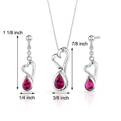 Ruby Pendant Earrings Set Sterling Silver Pear Shape 2 Carats