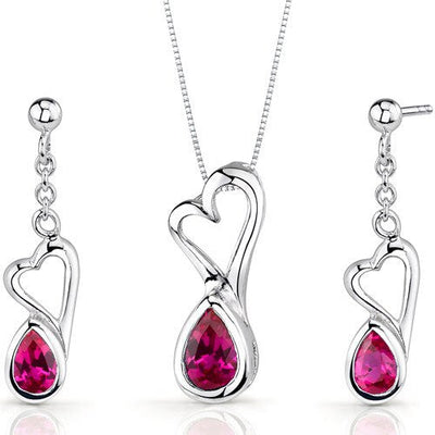 Ruby Pendant Earrings Set Sterling Silver Pear Shape 2 Carats