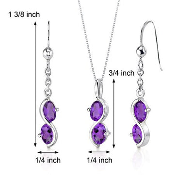 Amethyst Pendant Earrings Set Sterling Silver Oval 2.25 Carats