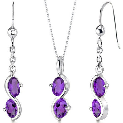 Amethyst Pendant Earrings Set Sterling Silver Oval 2.25 Carats