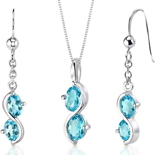 Swiss Blue Topaz Pendant Earrings Set Sterling Silver Oval