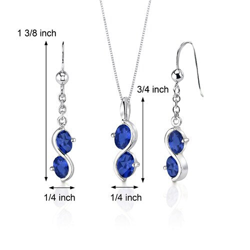 Blue Sapphire Pendant Earrings Set Sterling Silver Oval