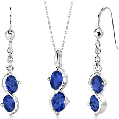 Blue Sapphire Pendant Earrings Set Sterling Silver Oval